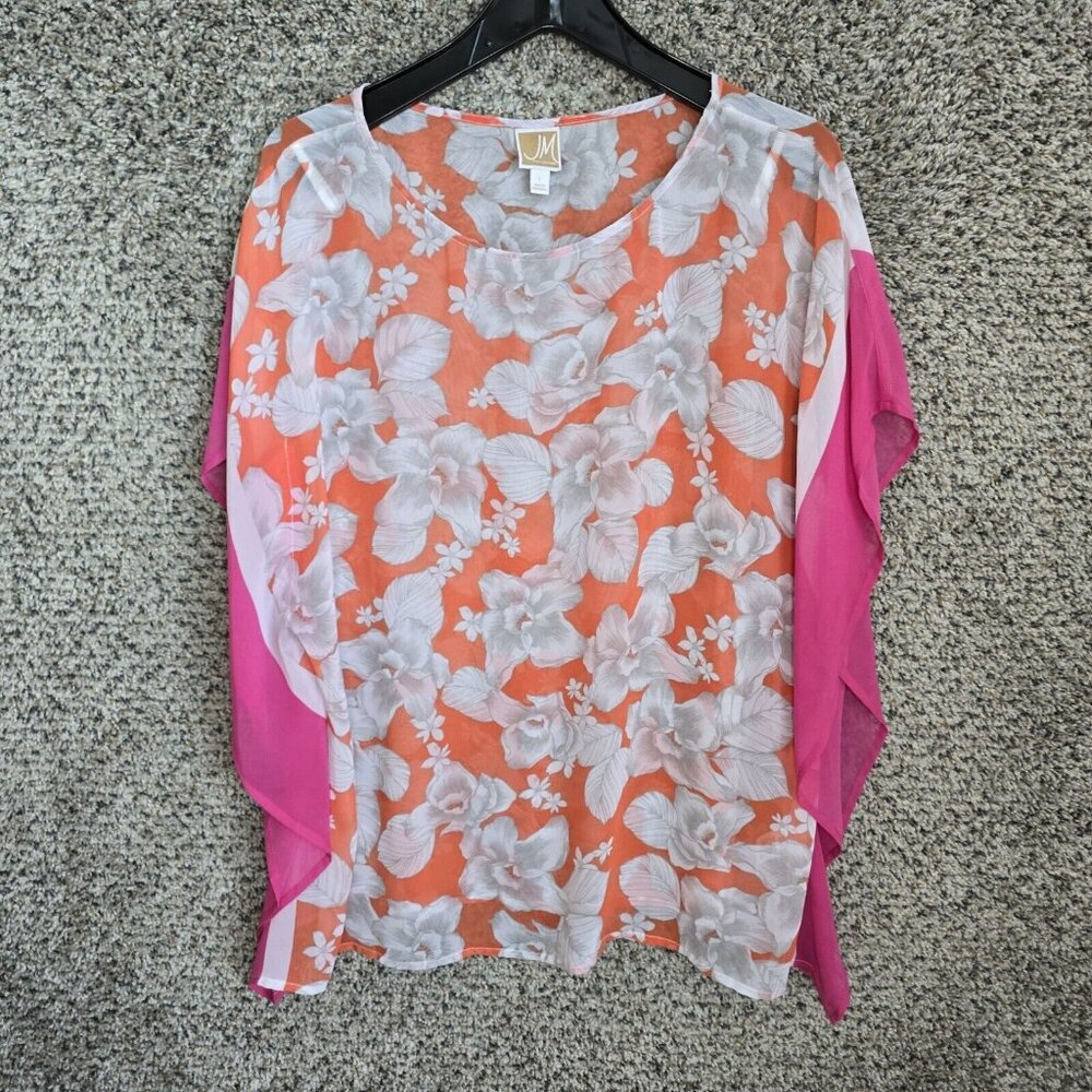 JM Collection Top Womens Large Coral Floral Print Blouse Sheer Poncho Ladies